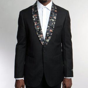 Tazio Mens Jacket Blazer w/ Floral Patterned Shawl Collar, Black
